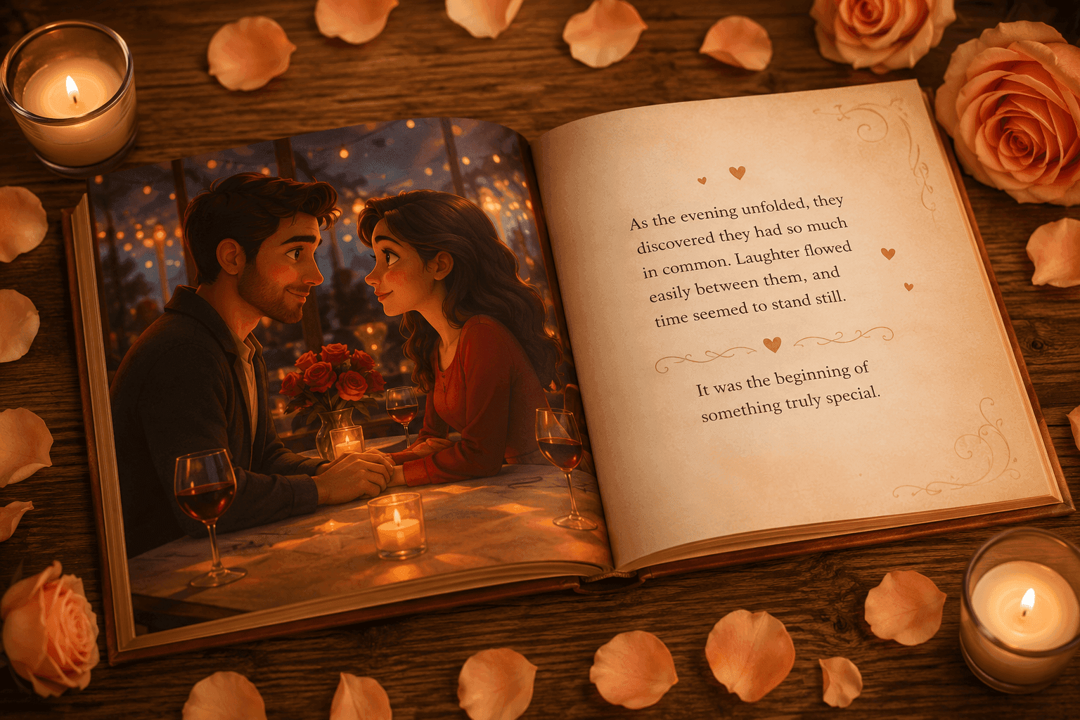 Open book displaying a romantic illustration of a couple dining, with candles and petals.