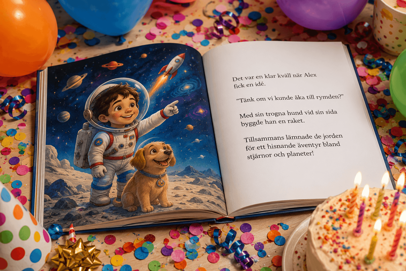Children's book open to an illustration of an astronaut boy and a dog in space.