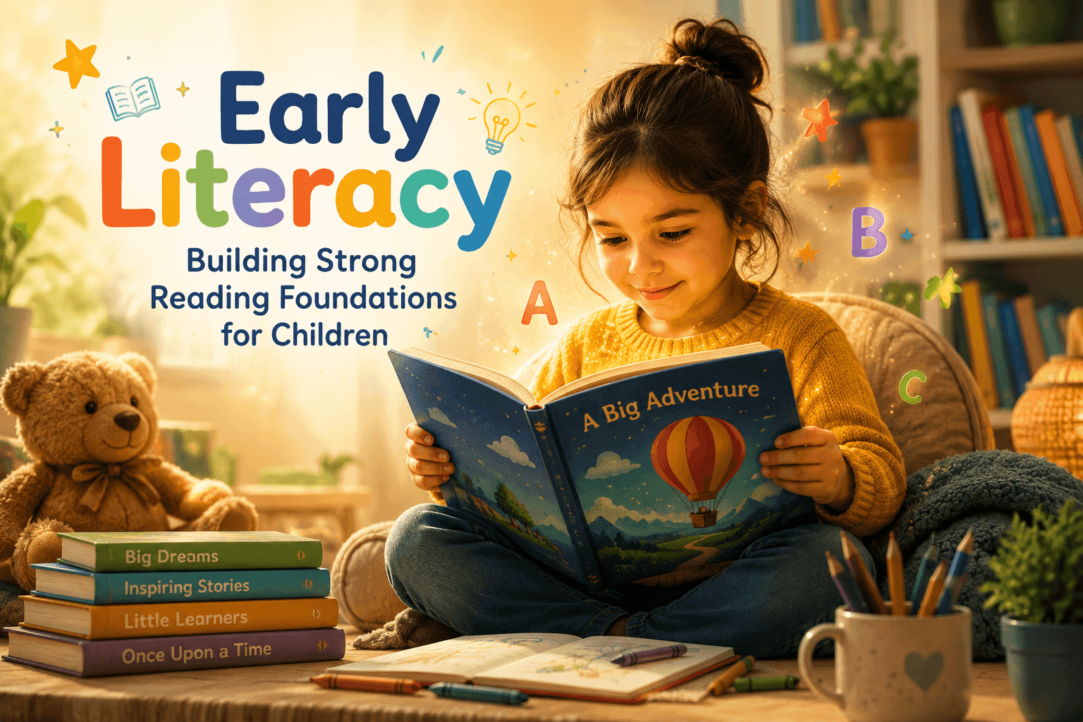 Young girl reading an illustrated book, surrounded by books and the text 'Early Literacy'.
