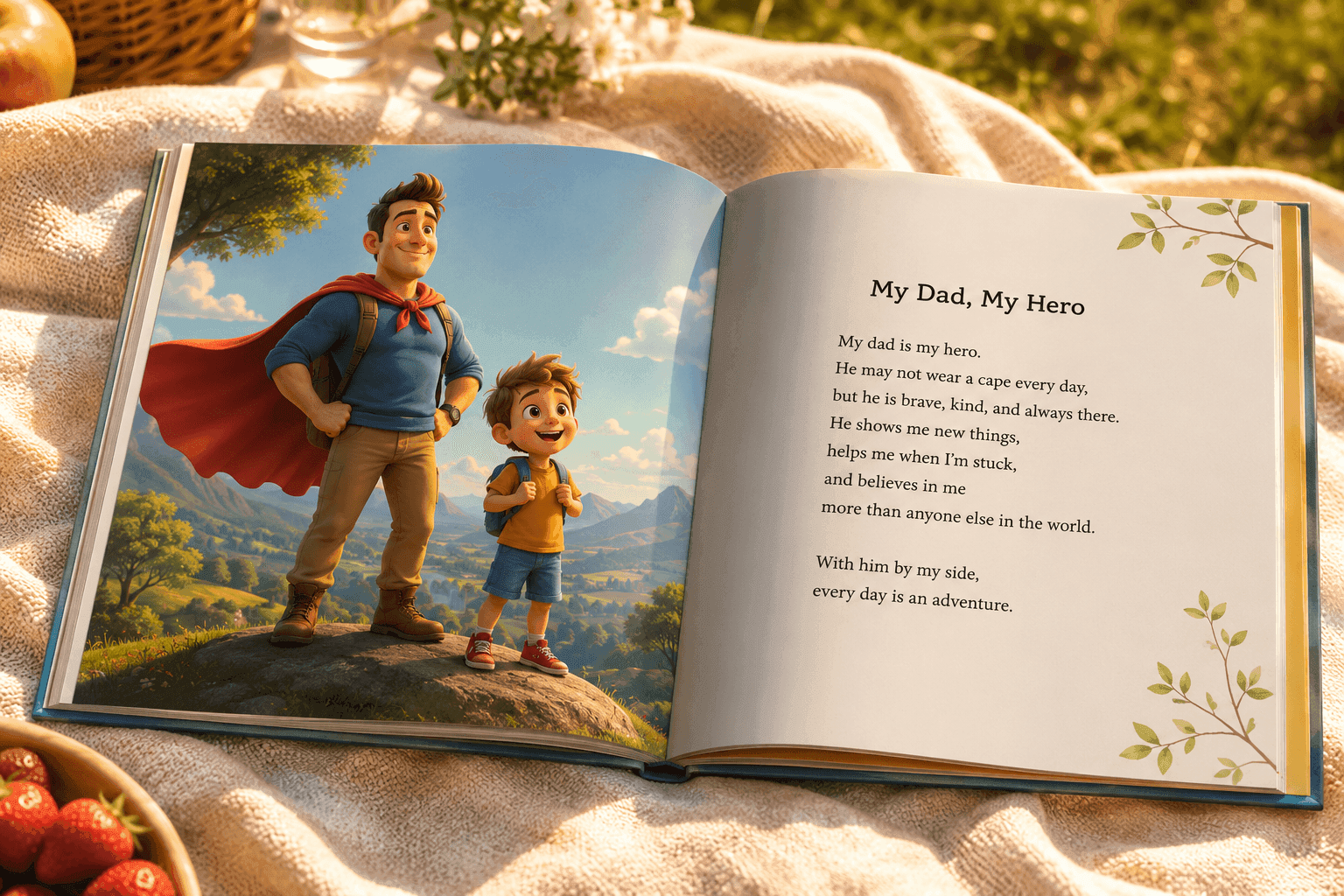 Open children's book showing an illustration of a father and son with a superhero cape and a poem.