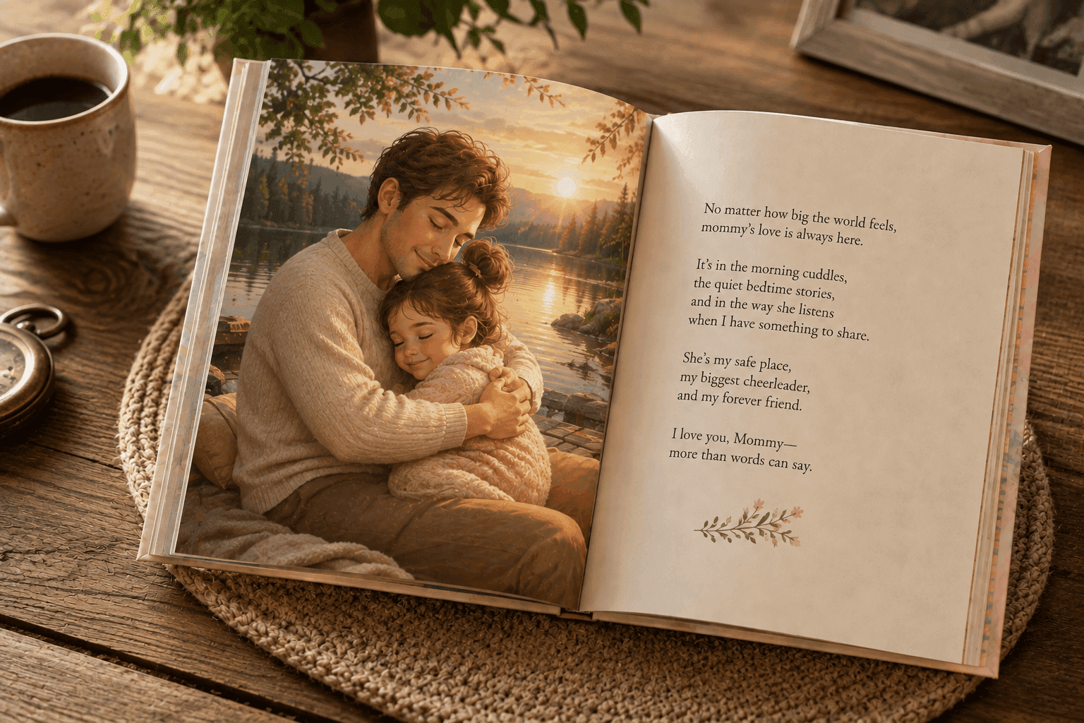 A storybook open to an illustration of a father hugging his daughter by a lake at sunset.
