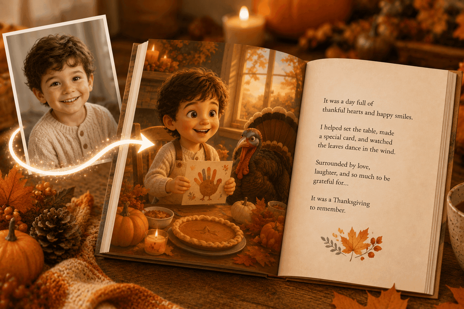 A real photo of a smiling boy magically transforms into an illustration in a Thanksgiving storybook.