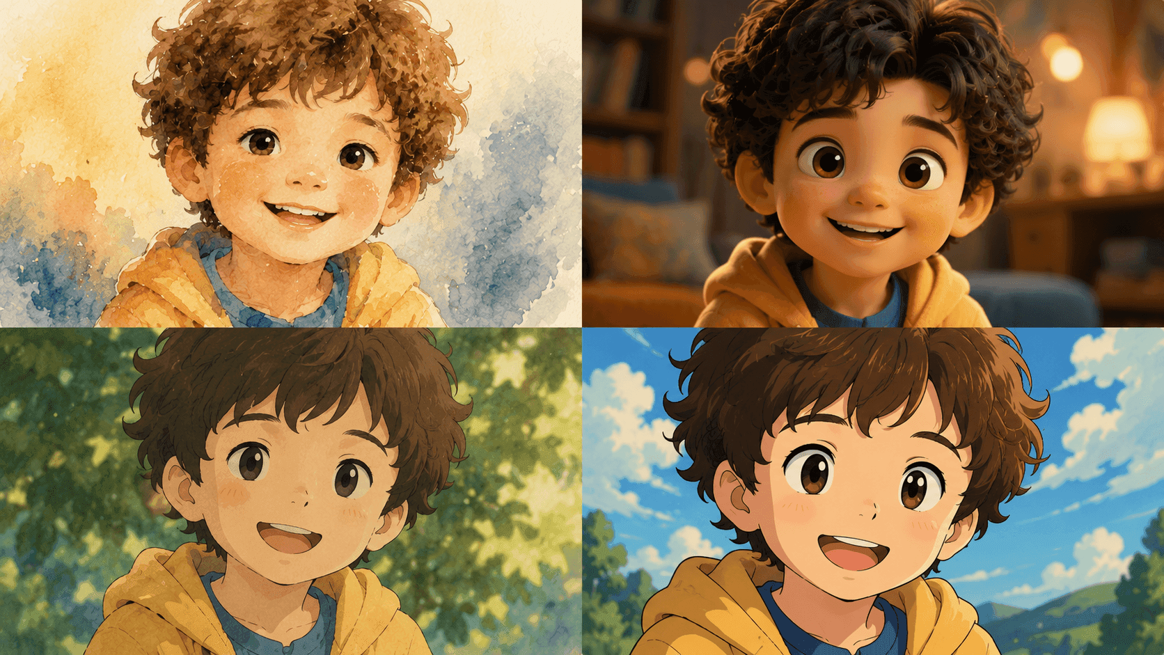 Four artistic renditions of a smiling young boy with curly brown hair in different animation styles.
