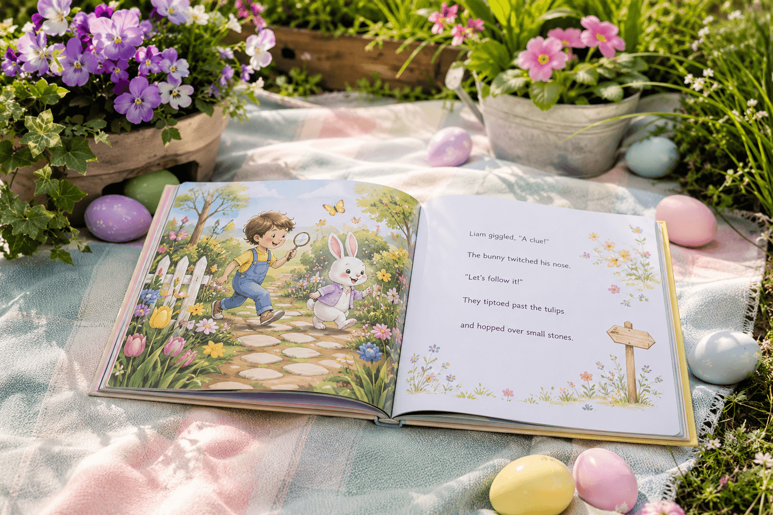 Open storybook illustration of a boy, a bunny, and text, surrounded by colorful Easter eggs.
