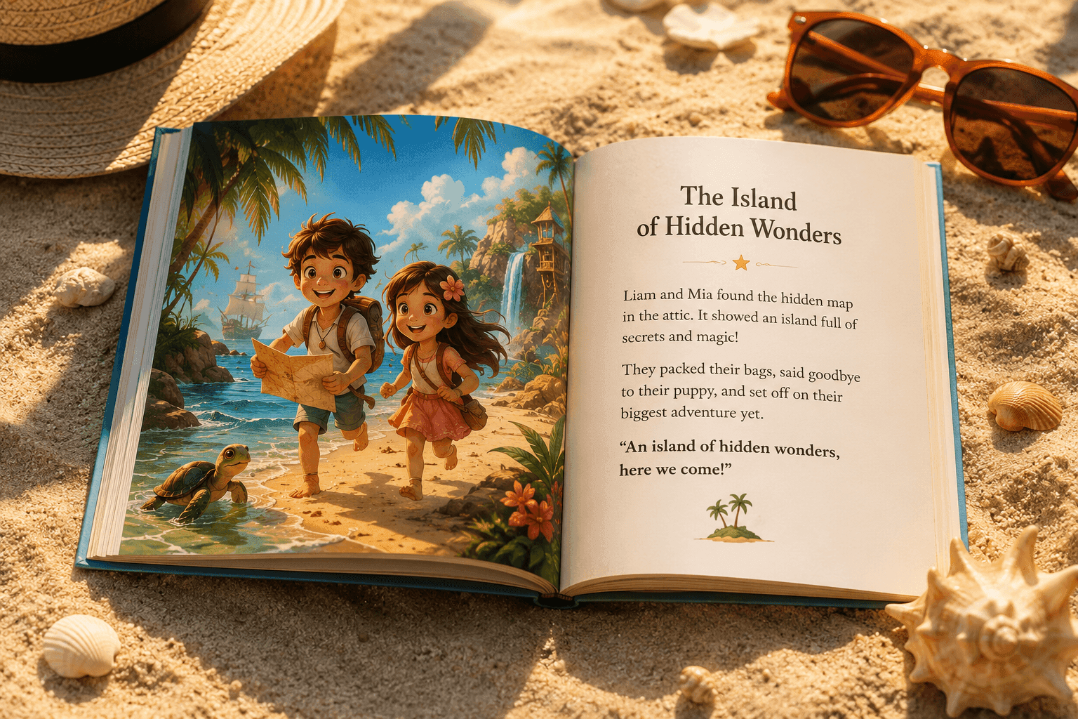 Open children's book on a sandy beach, featuring an island illustration and story text.