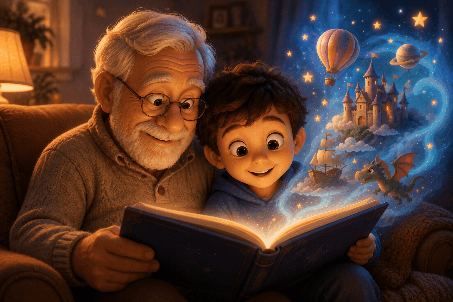 Grandfather and grandson read a glowing storybook, bringing a magical fantasy world to life.