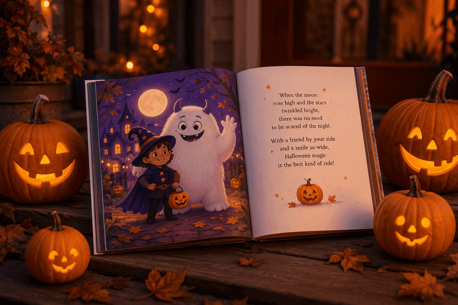 Open Halloween book with witch and monster illustration, surrounded by glowing jack-o'-lanterns.