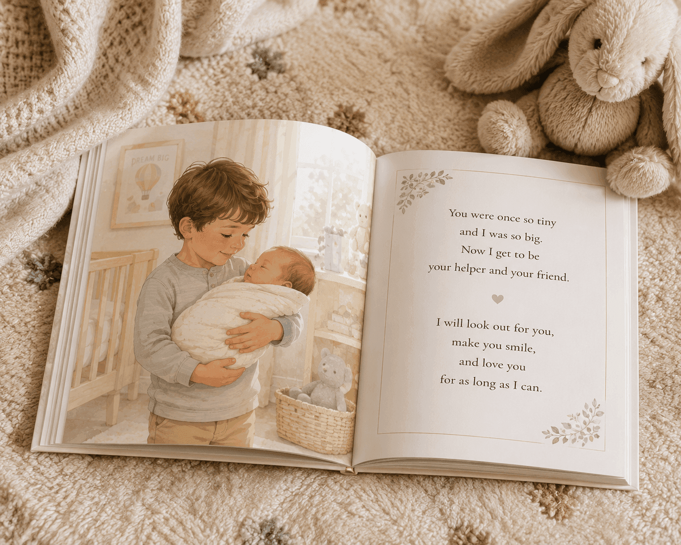 Open picture book showing a boy holding a baby and heartfelt text about sibling love.
