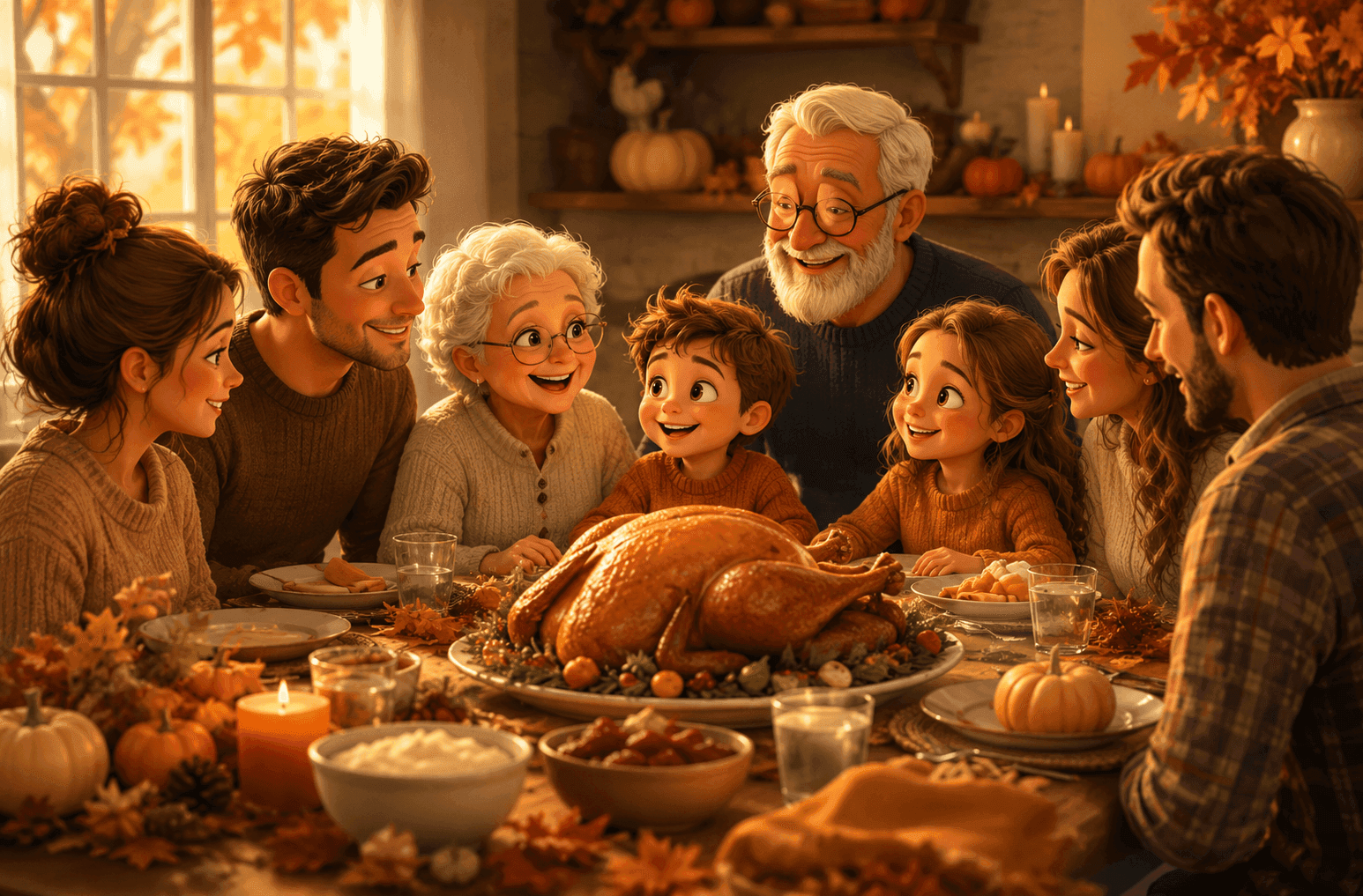 A multi-generational family smiles around a festive Thanksgiving dinner table with a roasted turkey.