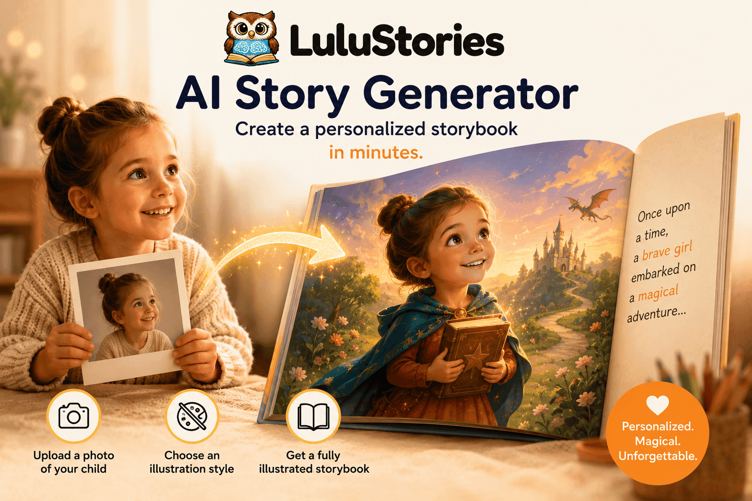 Smiling girl holding a photo of herself next to an open personalized AI storybook.
