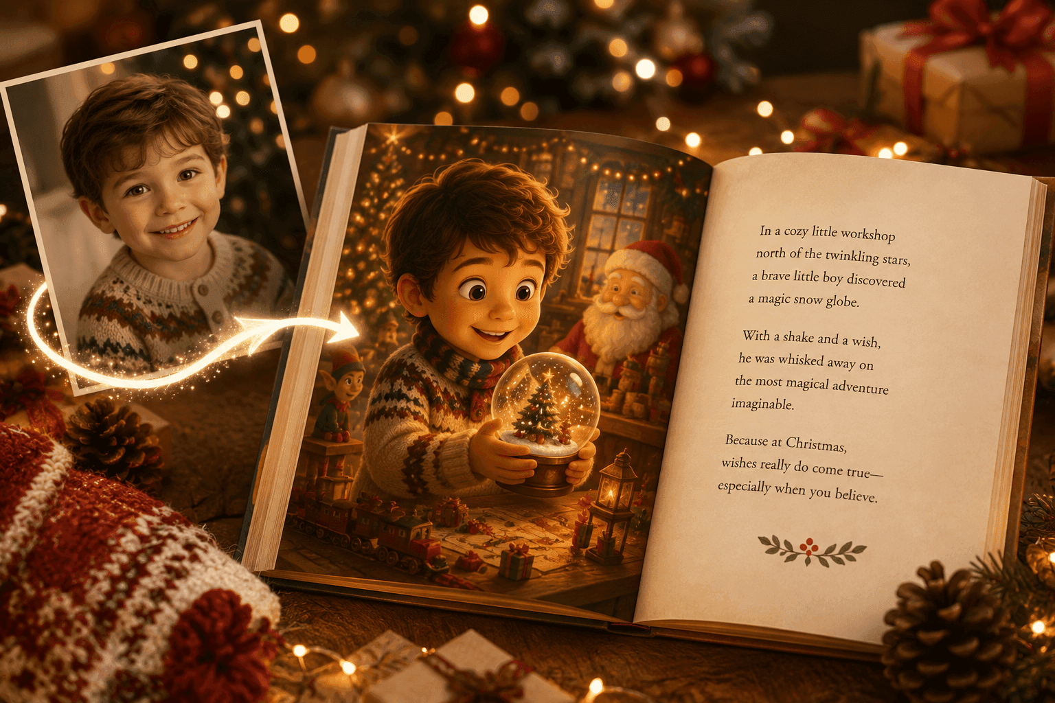 A boy's photo transforms into an illustrated character in a personalized Christmas storybook with Santa.