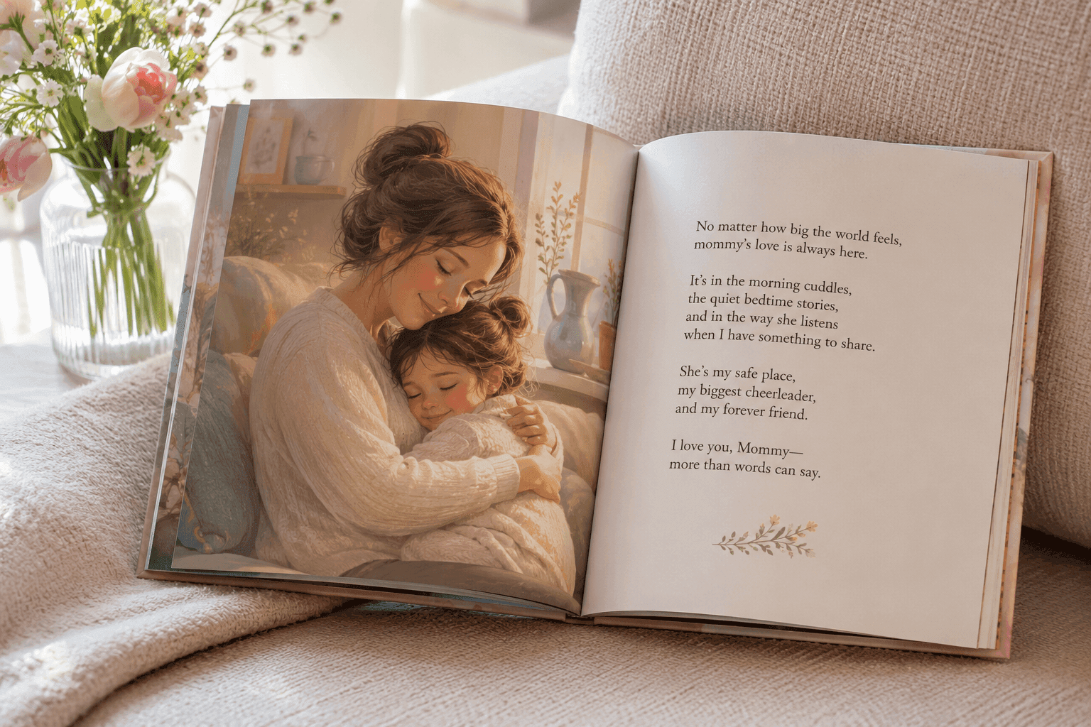 Open children's book displaying an illustration of a mother tenderly hugging her child.