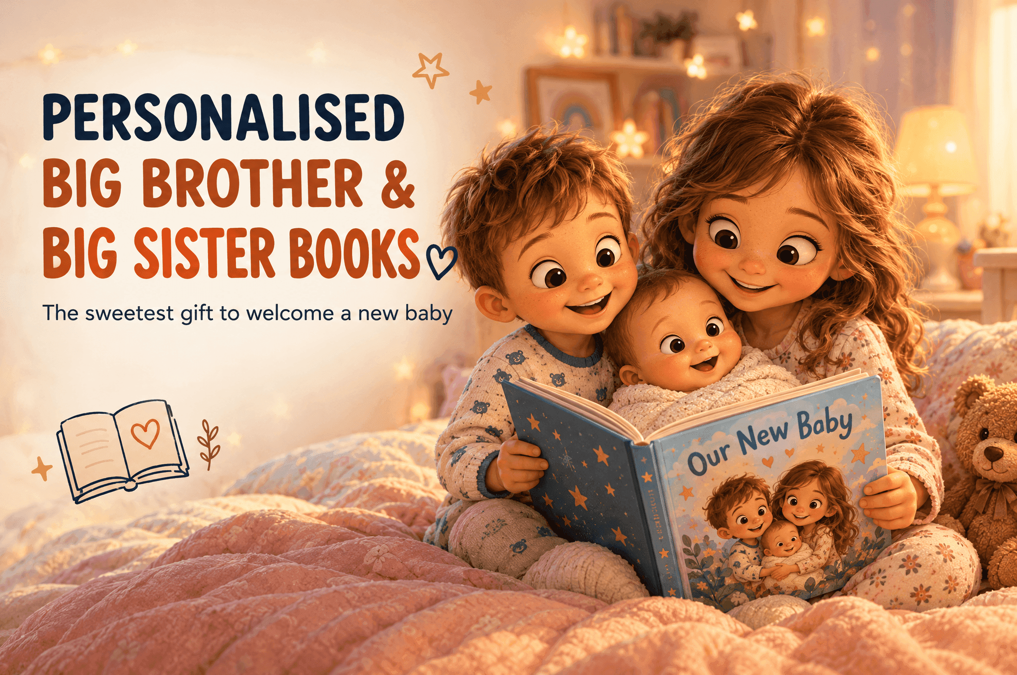 Big brother and big sister reading a personalised book to their new baby