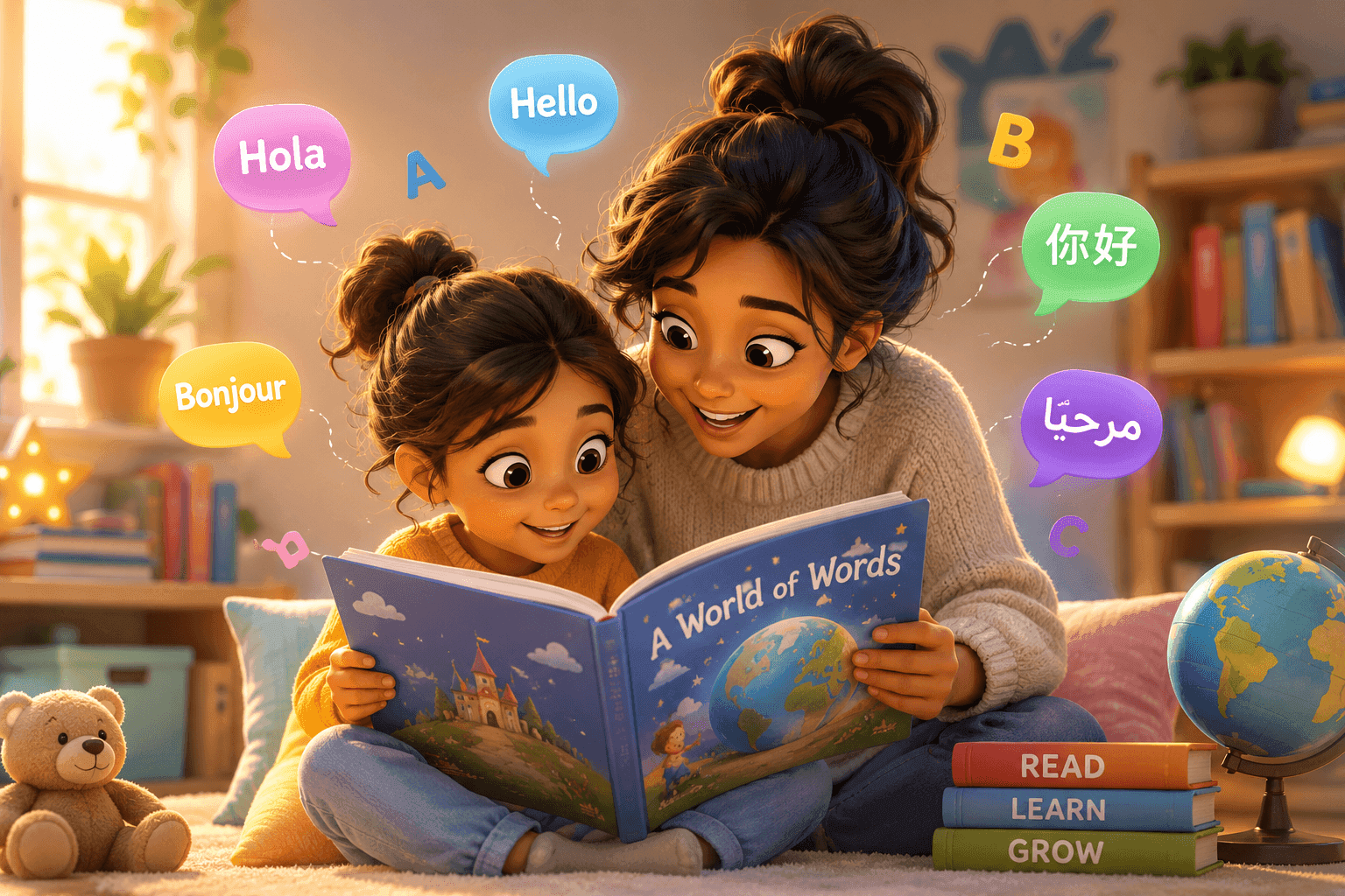Mother and child happily read a book about learning different languages together.