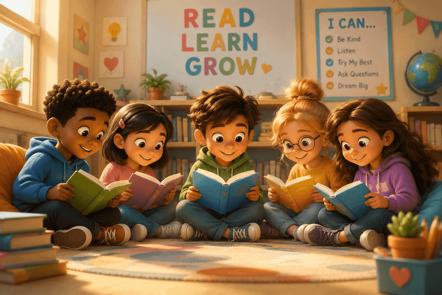 Five diverse young children happily reading books together on a rug in a bright classroom.