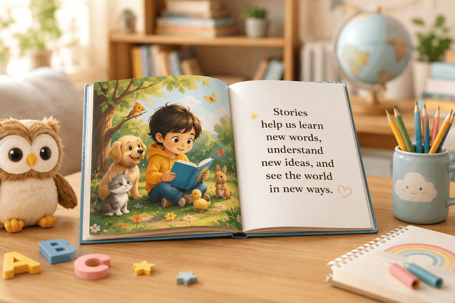 An open book shows a boy reading to animals, with text about stories helping us learn.