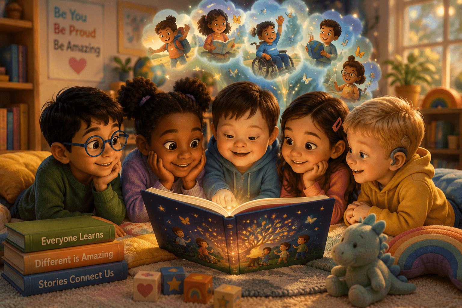 Diverse children captivated by a glowing storybook, showing magical illustrations of various happy kids.