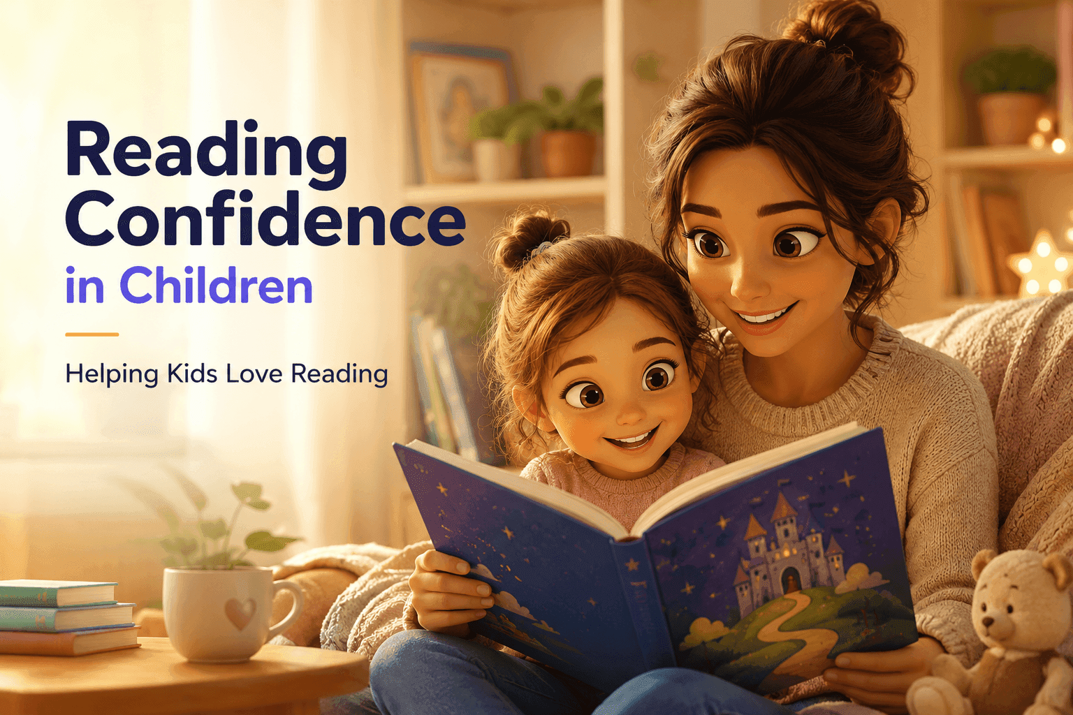Mother and child smiling while reading a book, with text 'Reading Confidence in Children'.