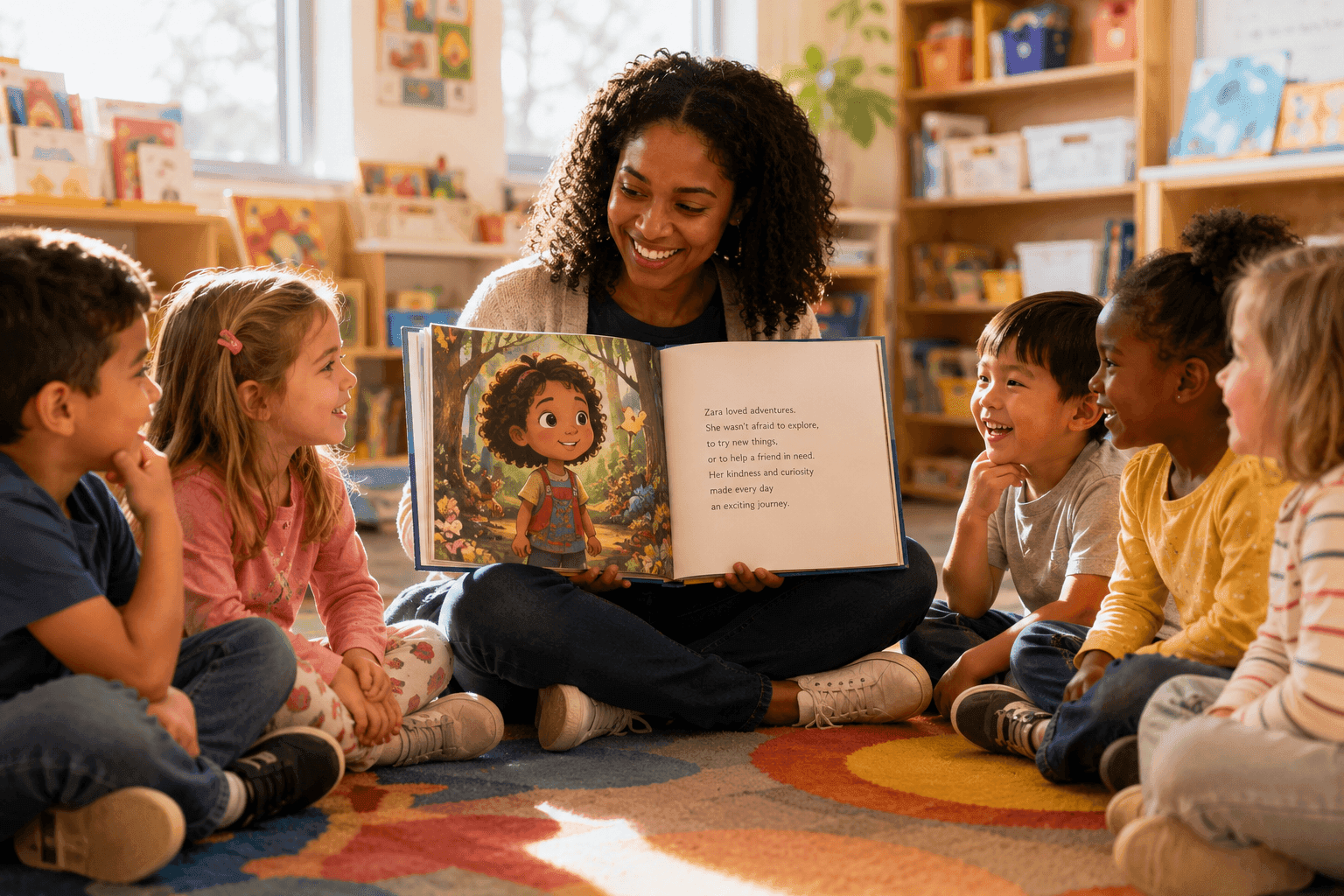 A smiling teacher reads an illustrated storybook to five attentive diverse young children on the floor.